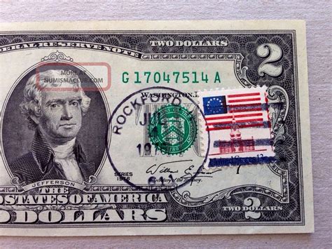 1976 2 dollar bill with postage stamp